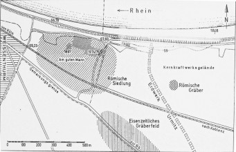 Landkarte mit dem ehemals Kärlicher Gebiet der römischen Siedlung (vicus)