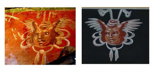 Was man damals auf einer roten Keramikscherbe fand (links) und der wieder auferstandene Medusenkopf auf dem Martberg (rechts)