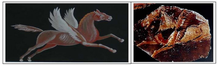 Was man damals auf einer roten Keramikscherbe fand (rechts) und der wieder auferstande-ne Pegasus auf dem Martberg (links)